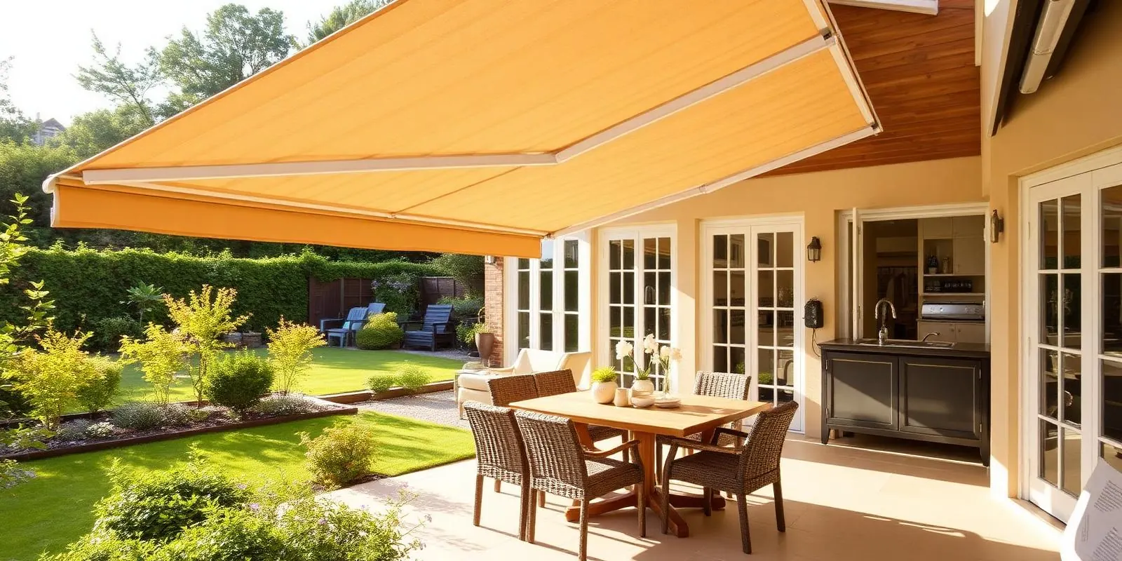 Retractable patio awning extended over a garden terrace