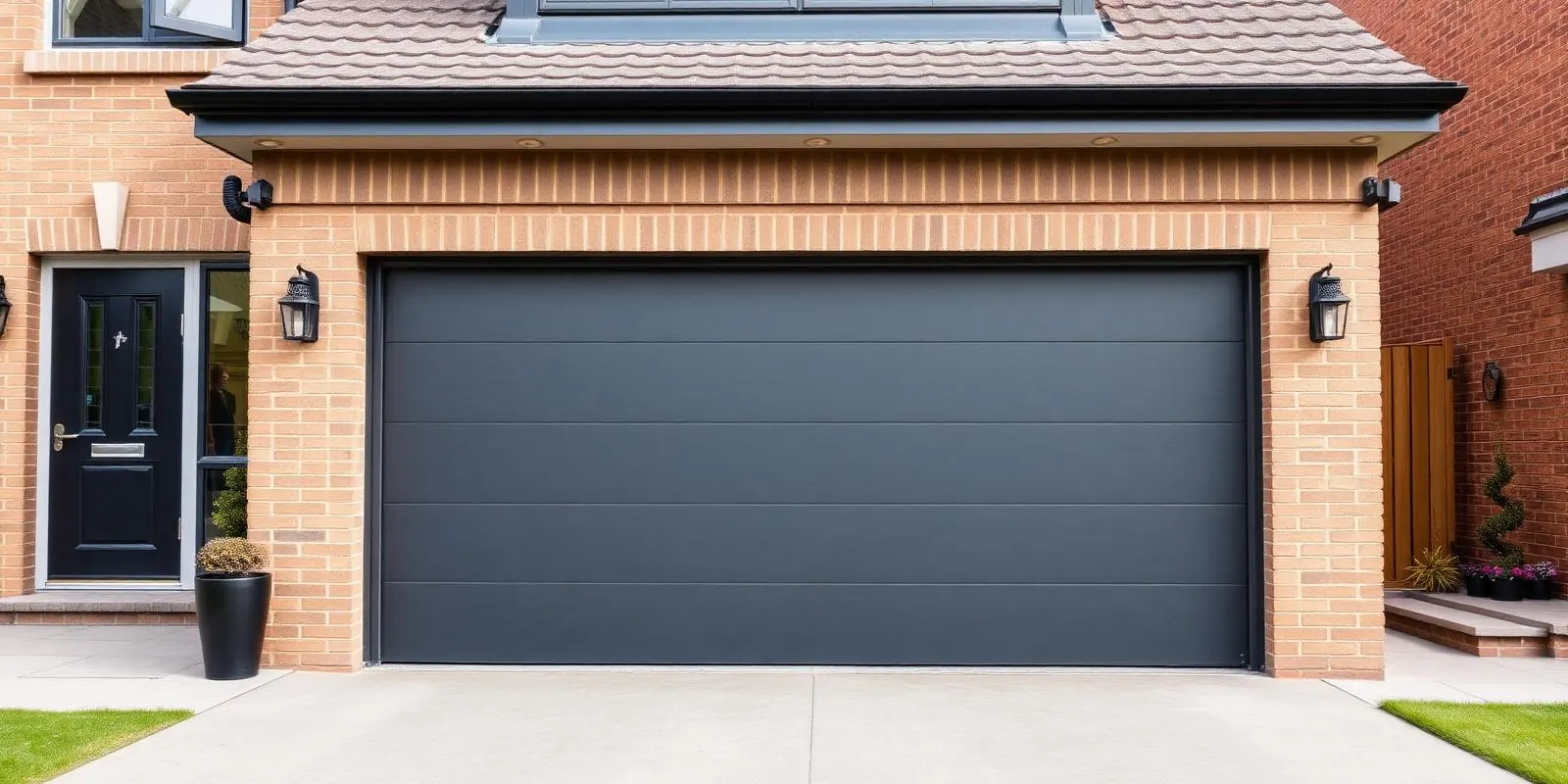 Modern insulated garage door fitted to a house frontage