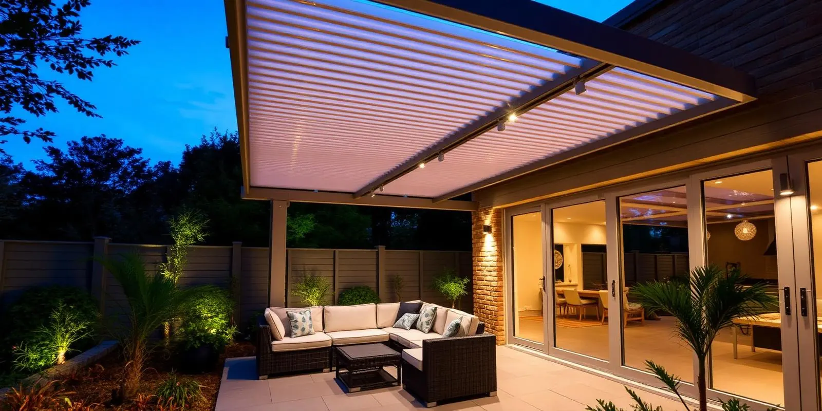 Louvred aluminium pergola over a garden dining area