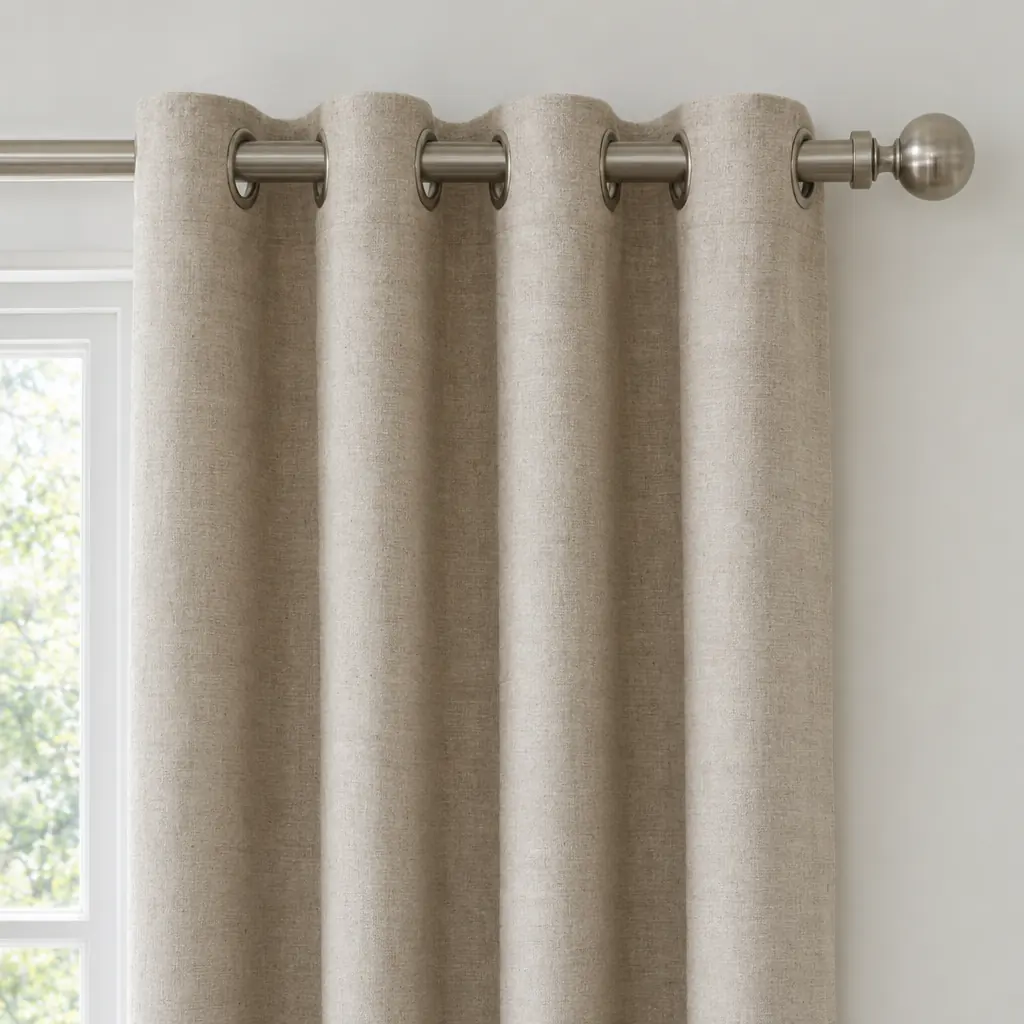 Oatmeal linen eyelet curtains on a brushed-metal pole, the pole running through large metal rings in the heading