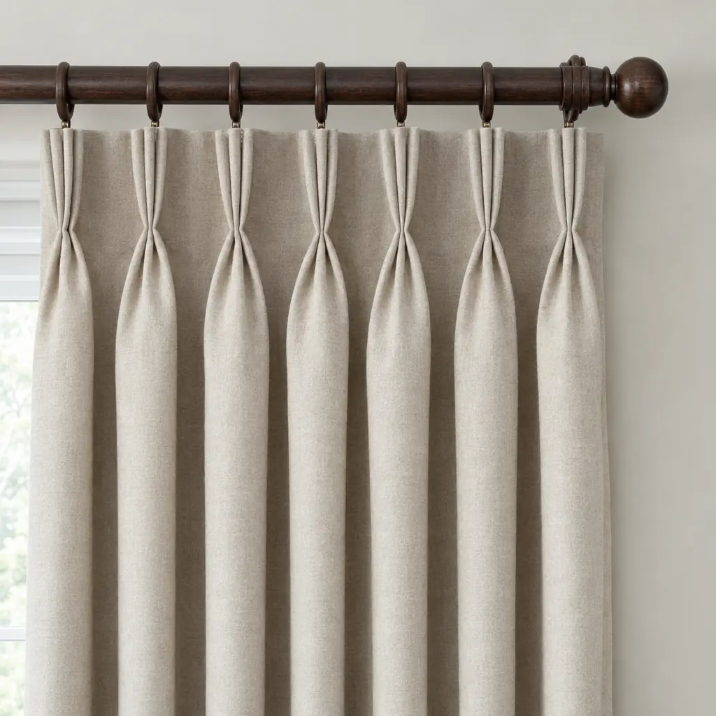 Stone linen pinch pleat curtains on a dark wooden pole with rings, the heading pinched into neat groups