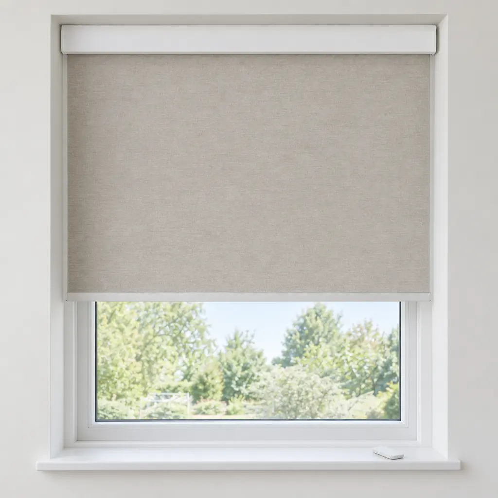 A pale oatmeal motorised roller blind under a white cassette, half lowered, with no chain, and a small white remote on the windowsill