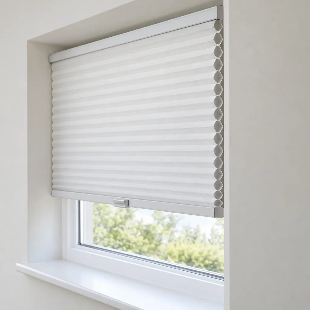 A white honeycomb blind seen from the side so the hollow hexagonal cells show along its edge, with a handle on the bottom rail