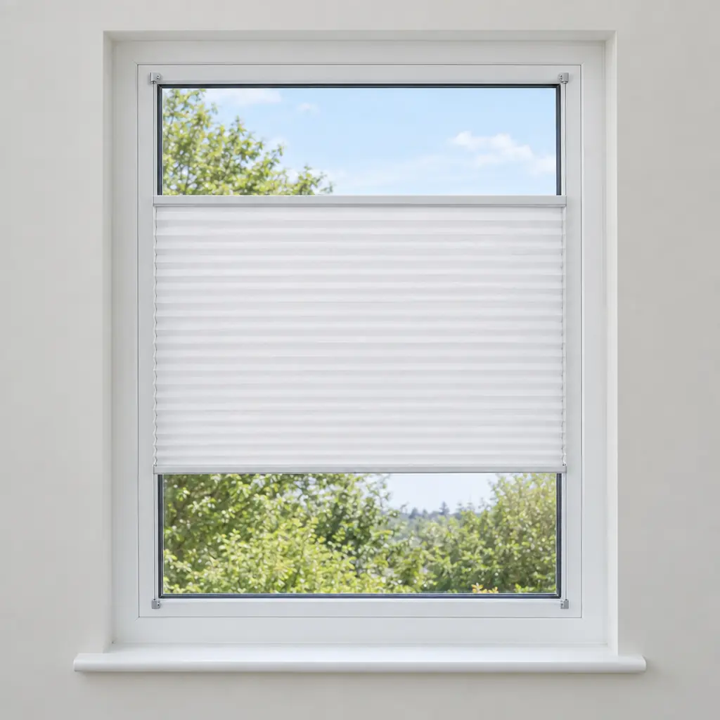 A soft white top-down bottom-up pleated blind in a uPVC window, set part way down with clear glass above and below