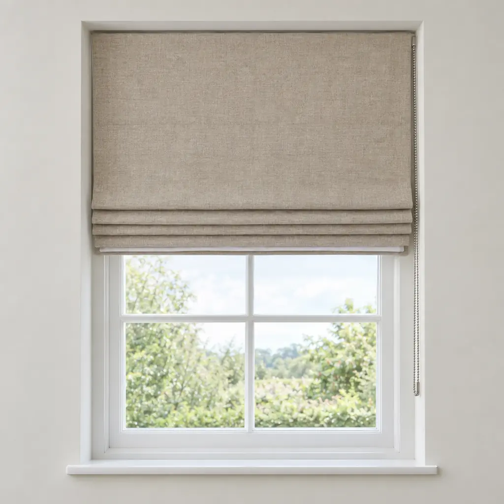 A natural linen roman blind raised half way in a white recess, folds stacked neatly, with a control chain on the right