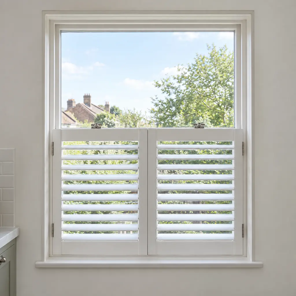 White café-style shutters covering the lower half of a kitchen sash window, the top half open to the sky