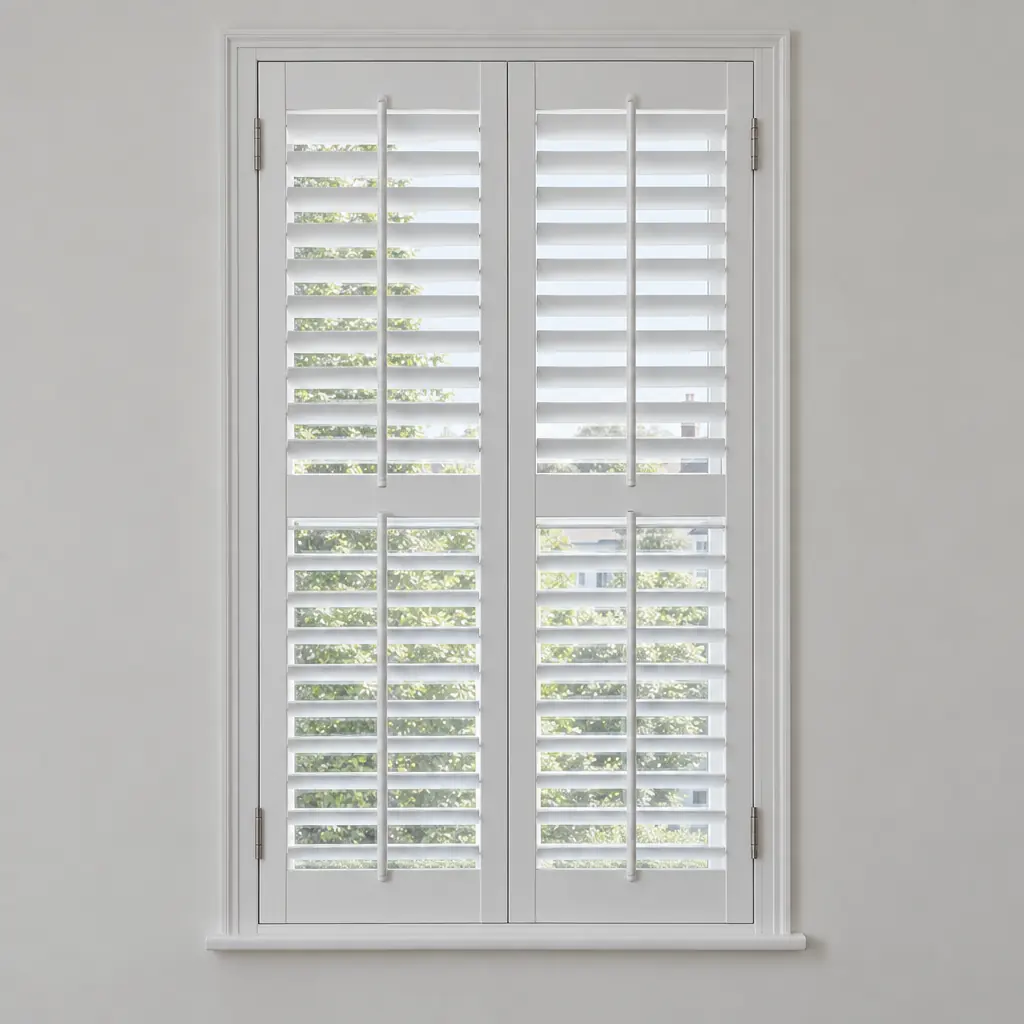 White full-height plantation shutters on a tall sash window, two hinged panels each split by a mid-rail, louvres half open