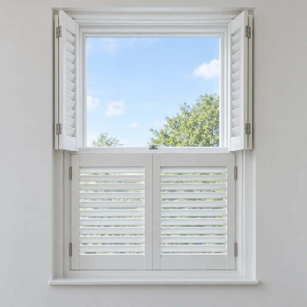 White tier-on-tier shutters on a sash window, the upper panels folded open showing sky and the lower panels closed