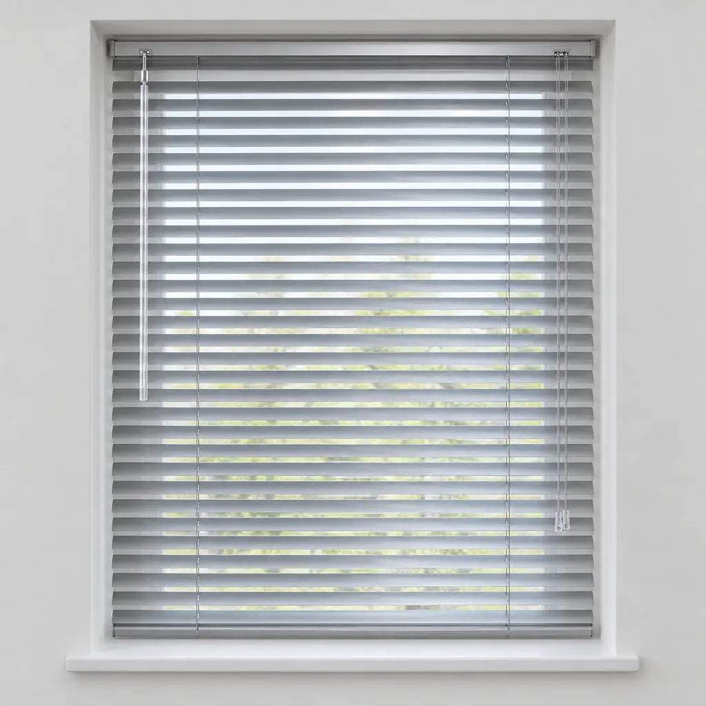 A silver aluminium venetian blind fitted in a white recess with slats half open, a tilt wand on the left and cords on the right
