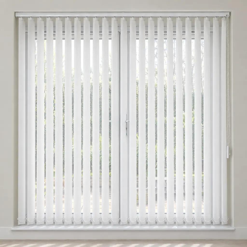 Soft white fabric vertical blinds across a wide uPVC patio door, louvres angled, with the control chain and cord on the right