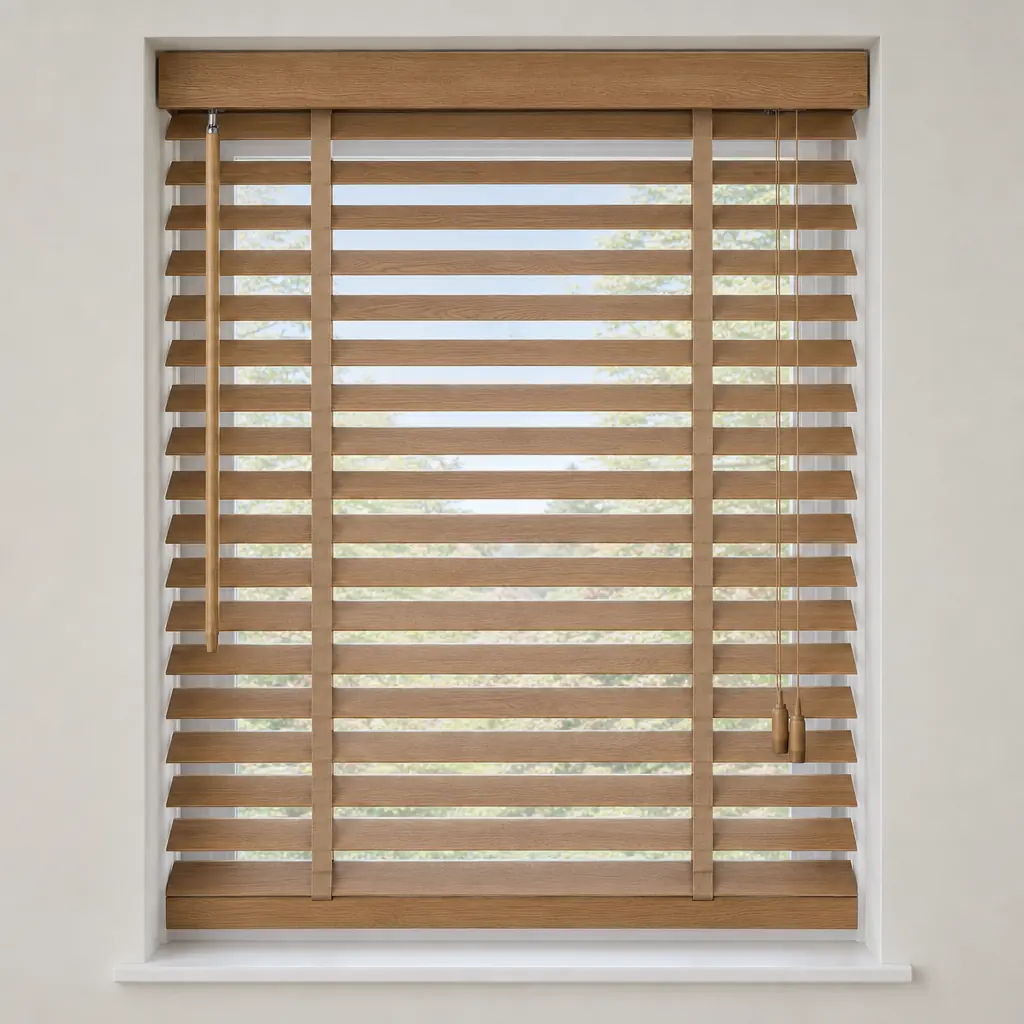 A warm oak real-wood venetian blind in a white recess with a matching valance, cloth tapes, a tilt wand on the left and cords with wooden acorns on the right