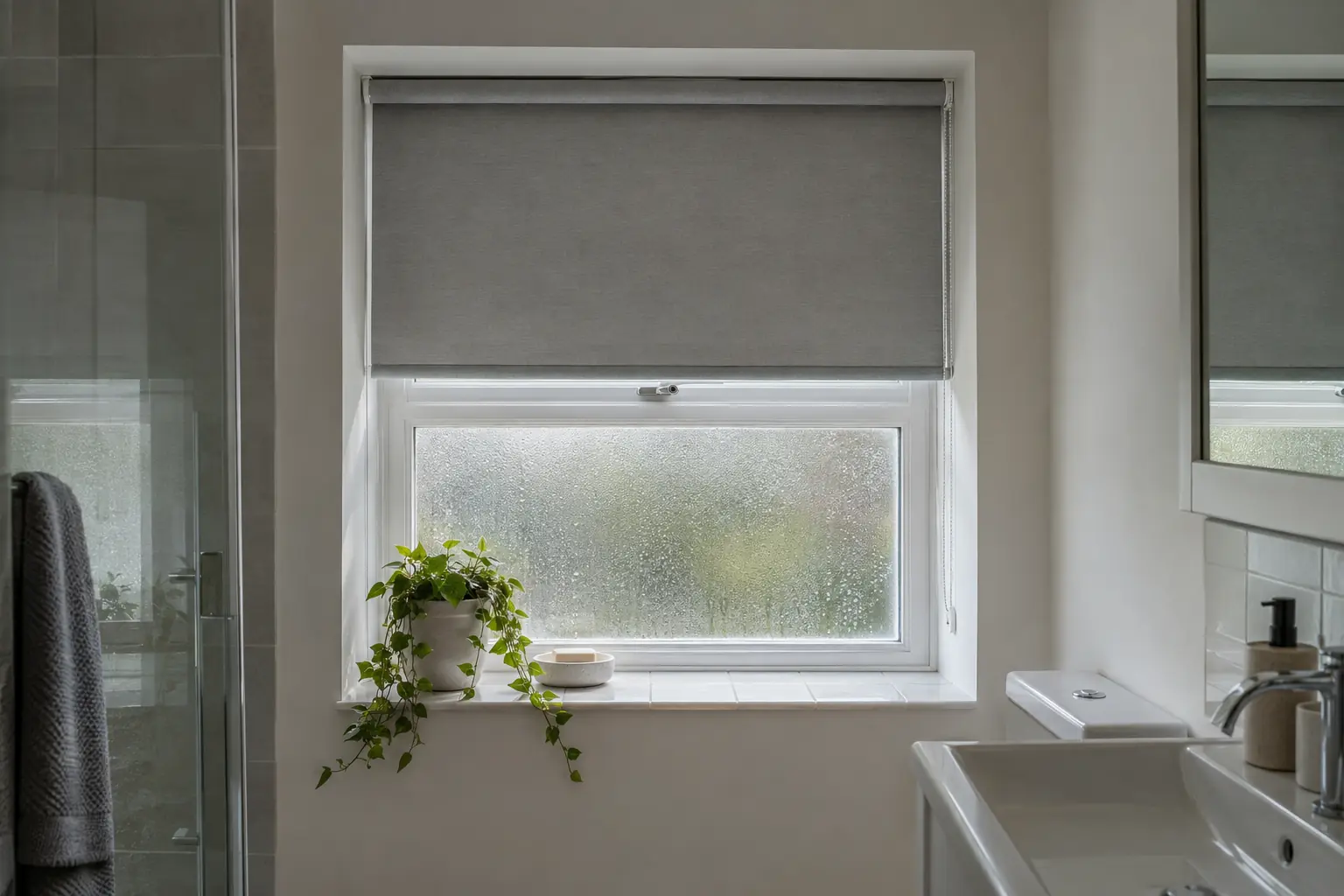 a small en-suite window with frosted glass and a pale grey wipeable roller blind half lowered, a tiled sill with a plant and a soap dish, condensation beading on the lower pane