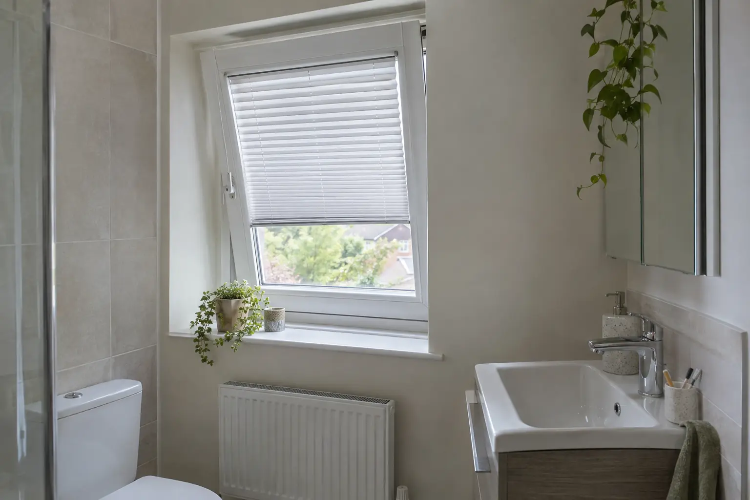 a white uPVC tilt-and-turn bathroom window tilted open at the top, a slim blind clipped into the frame close to the glass and tilting with the sash