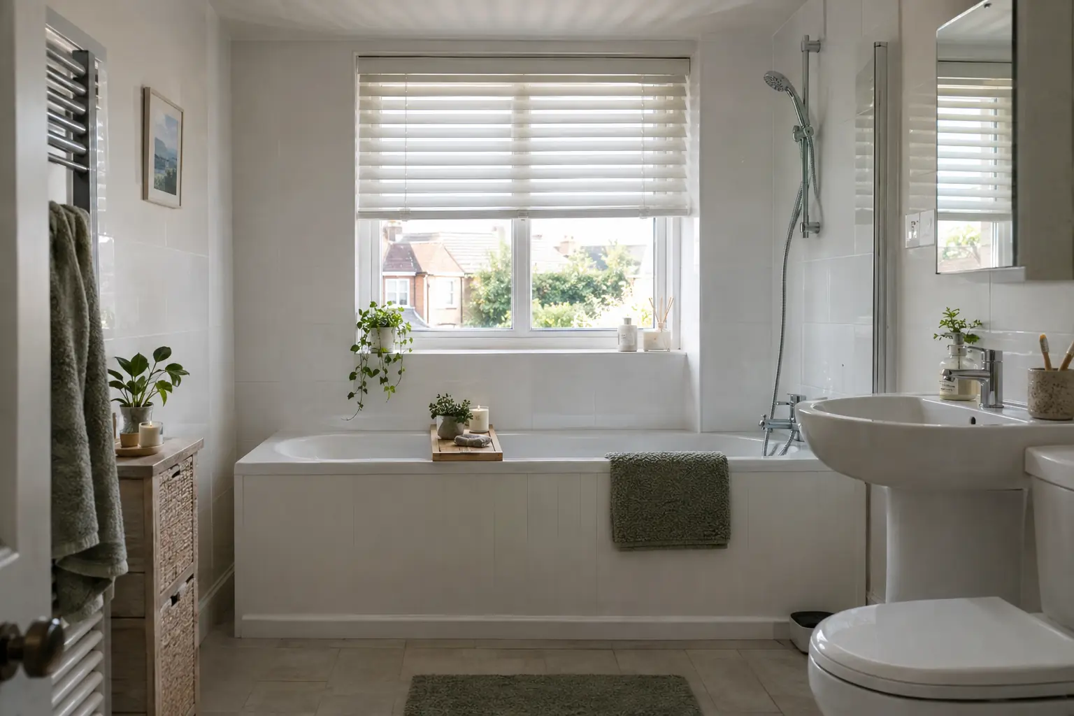 a white-tiled family bathroom with the bath along the wall beneath a uPVC casement window, a waterproof faux-wood venetian blind in soft white fitted in the recess with its slats tilted upwards so daylight falls across the ceiling