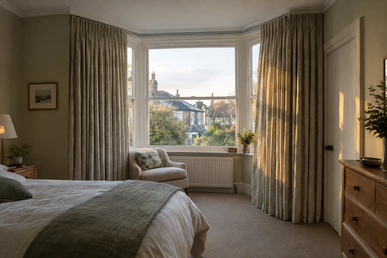 a five-sided bay window in a bedroom with pencil pleat curtains hanging from a track that follows the angles of the bay, the curtains partly drawn round the corners in late afternoon light