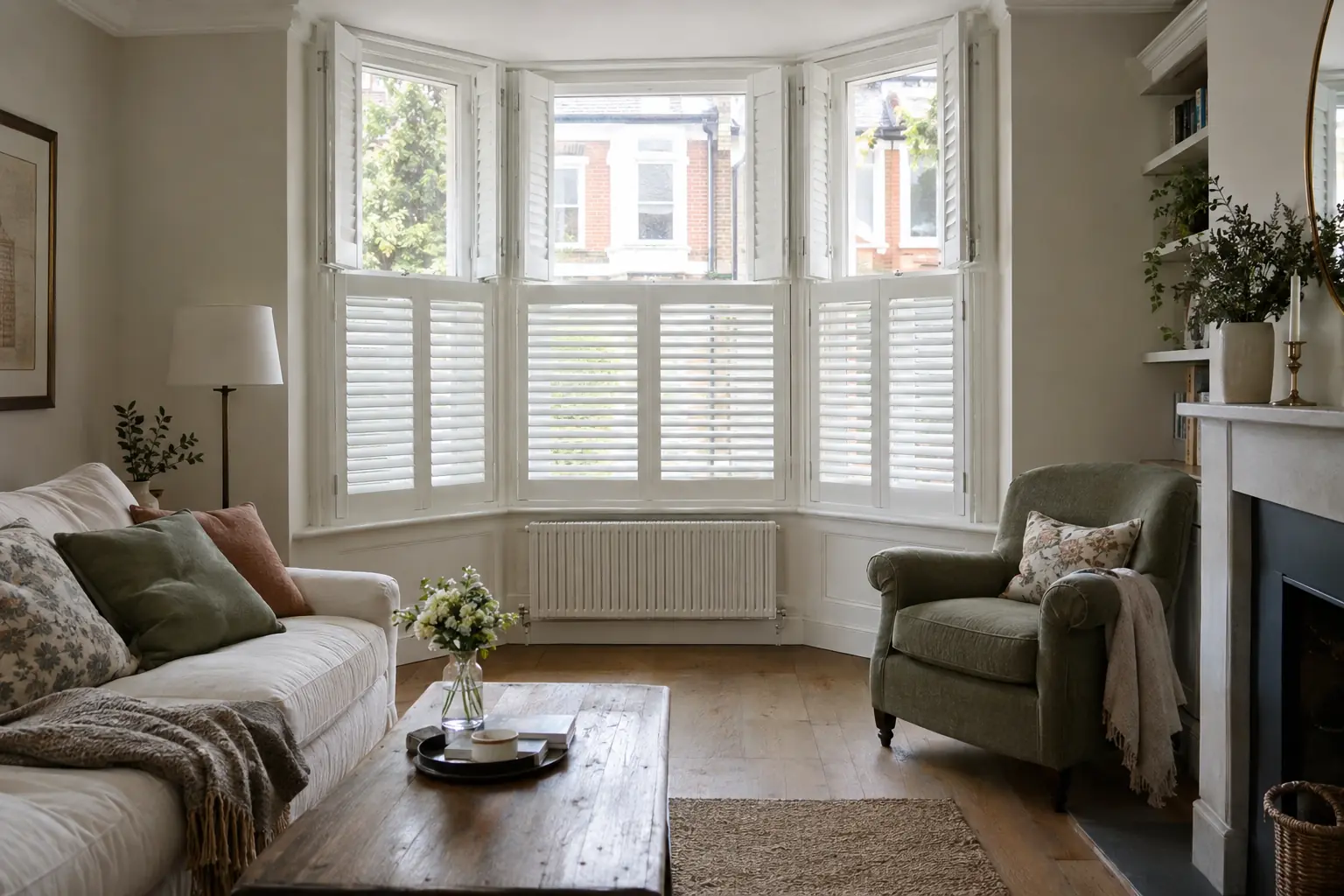 white tier-on-tier shutters fitted across a splayed bay in a street-facing front room, the top panels folded open and the lower panels closed with their louvres tilted to let in light