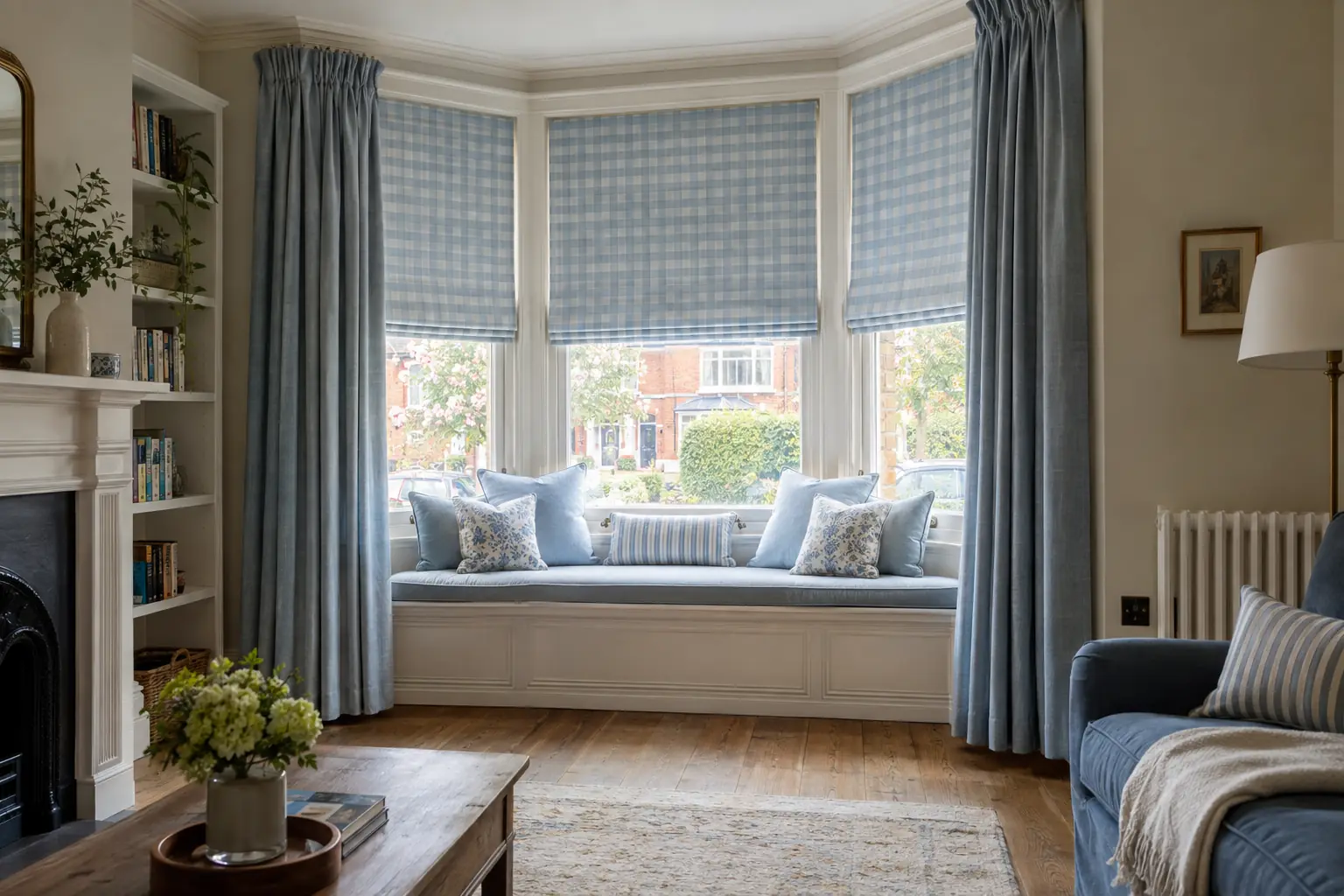 a three-sided bay window in an Edwardian front room with a cushioned window seat, a roman blind in a soft blue check fitted to each pane and stopping neatly at the sill, lined curtains gathered at each end of the bay