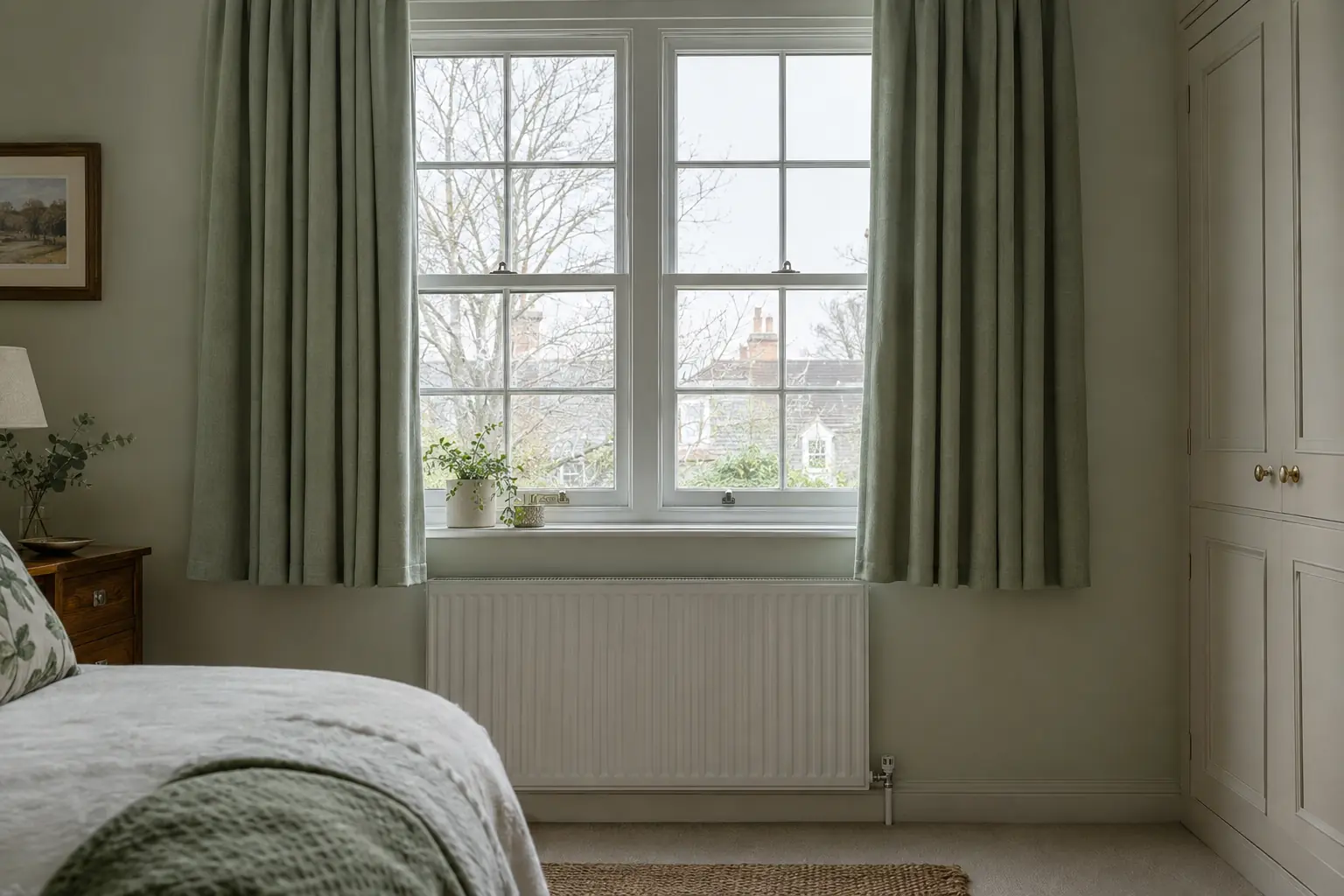 a bedroom window with a white panel radiator beneath it, lined sage-green curtains finishing neatly at sill height just above the radiator, pale winter daylight outside