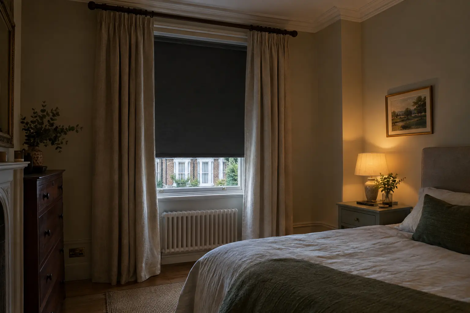 a calm double bedroom in a Victorian terraced house in the evening, a charcoal blackout roller blind lowered inside the deep sash window recess and heavy oatmeal linen curtains on a dark wooden pole drawn halfway across it, a bedside lamp lit on a painted table