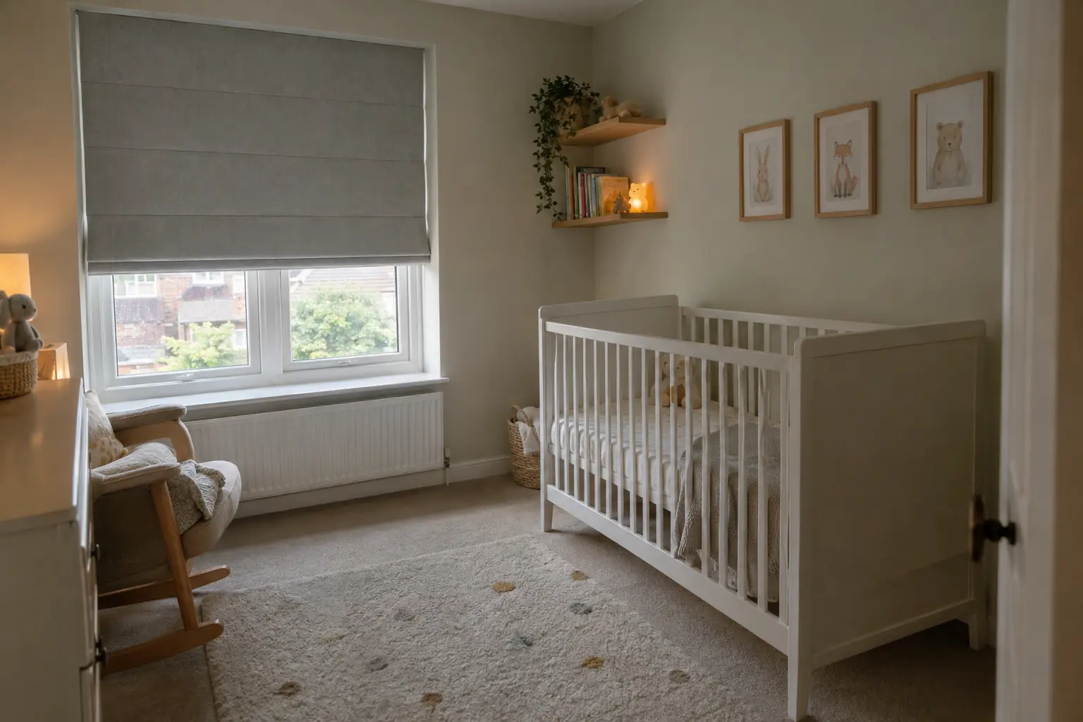 a softly lit nursery with a white cot placed against the wall opposite the window, a pale grey blackout roman blind lowered with no cords or chains hanging at the window, a small warm orange night light glowing on a shelf
