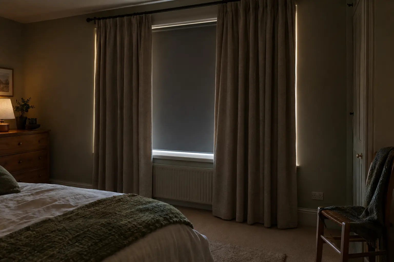 a bedroom window at summer dusk dressed in two layers: a blackout roller inside the recess and heavy lined curtains on a pole outside it, drawn almost closed, a thin strip of evening light at the very edge of the curtains