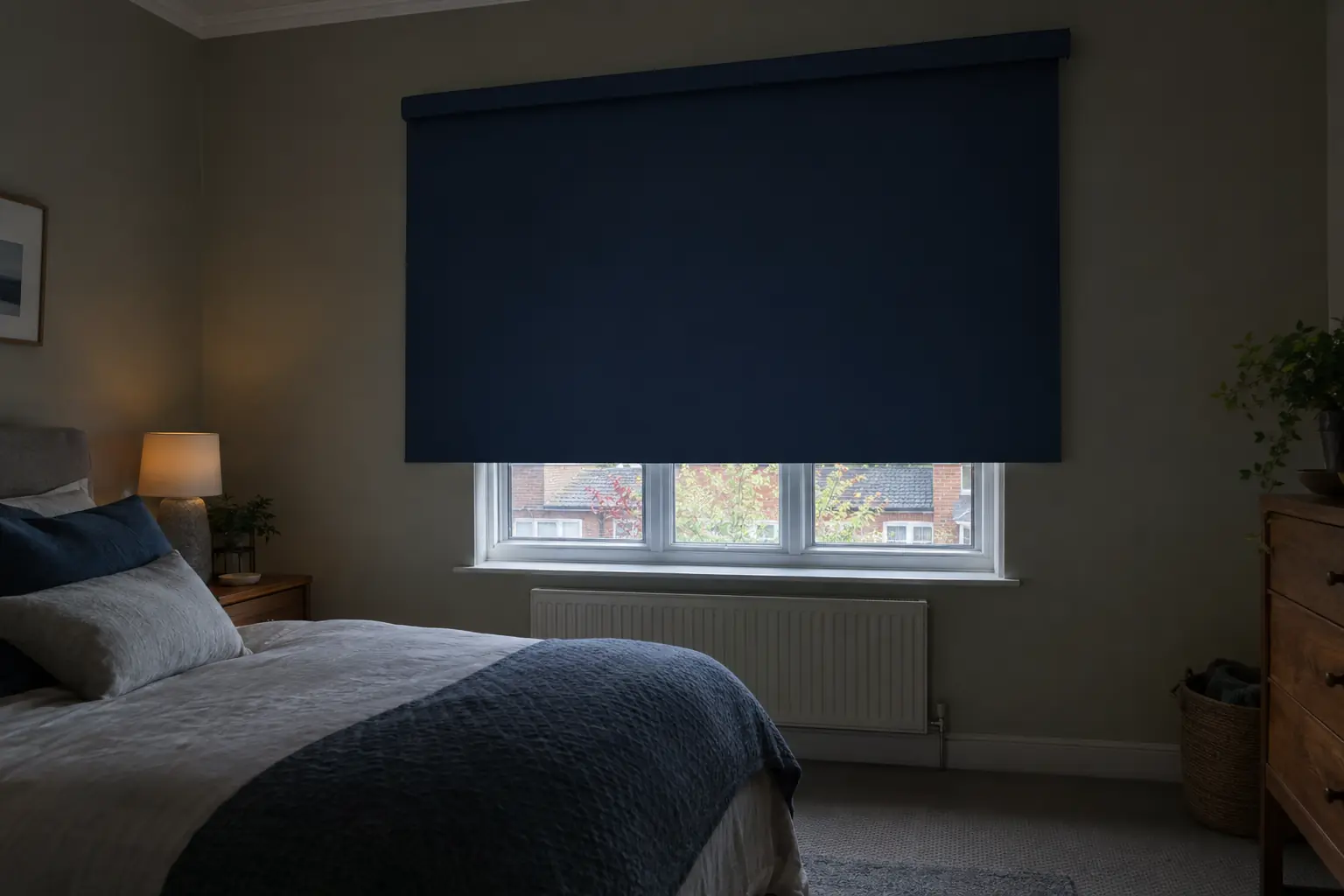 a quiet bedroom in a brick semi-detached house in the early morning, a deep navy blackout roller blind fixed on the wall above the window and overlapping the opening on every side, the room dim and calm, a made bed and a bedside lamp just visible, no light showing round the edges of the blind
