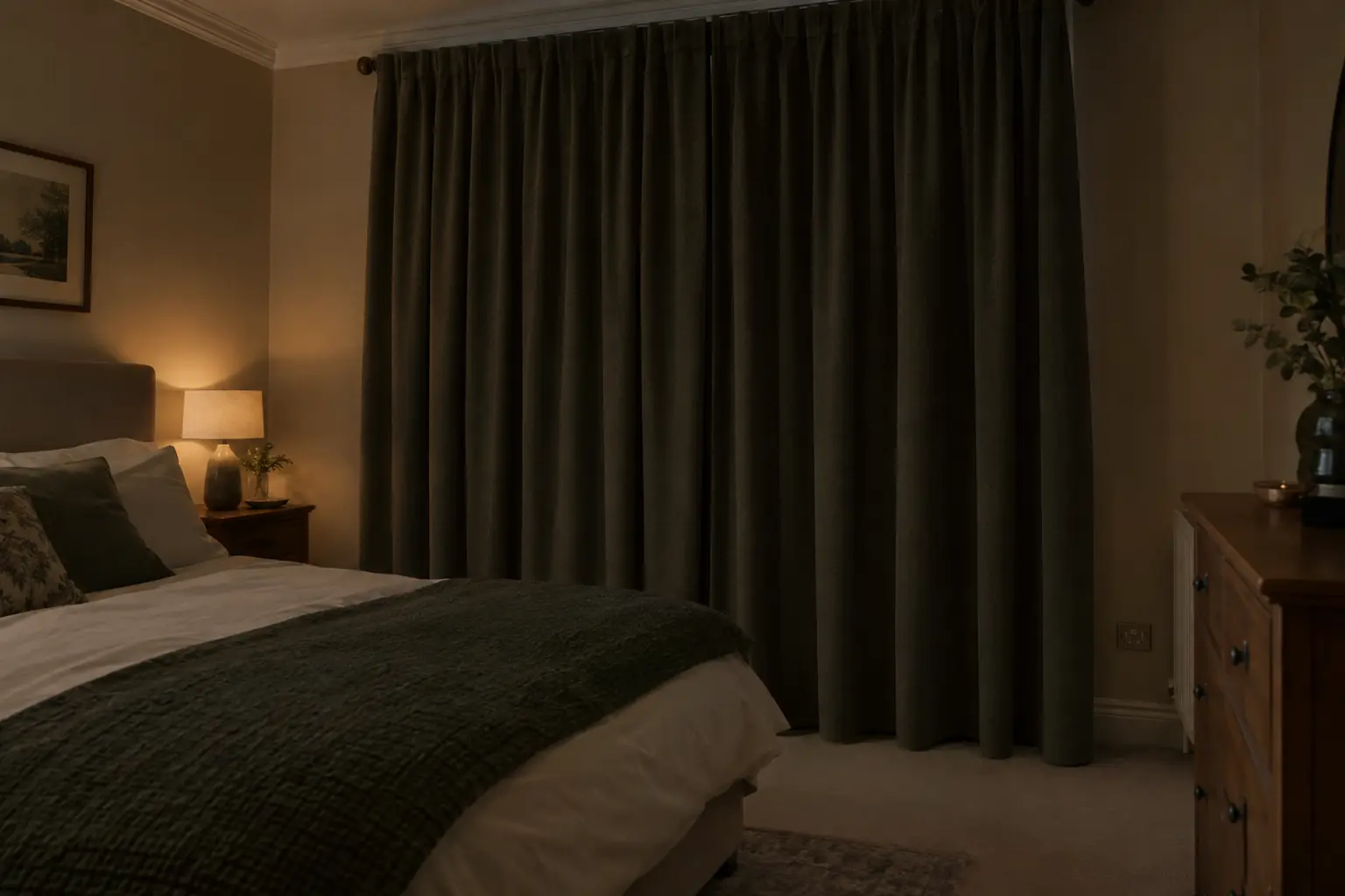 a street-facing ground-floor bedroom at night, a street lamp outside, floor-length blackout curtains drawn with a generous overlap where the two curtains meet and no light spilling round the edges