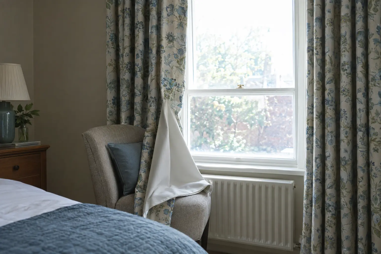 a drawn curtain with its leading edge folded back over a bedside chair to show the dense white blackout lining, bright afternoon sun on the glass behind and none of it showing through the fabric