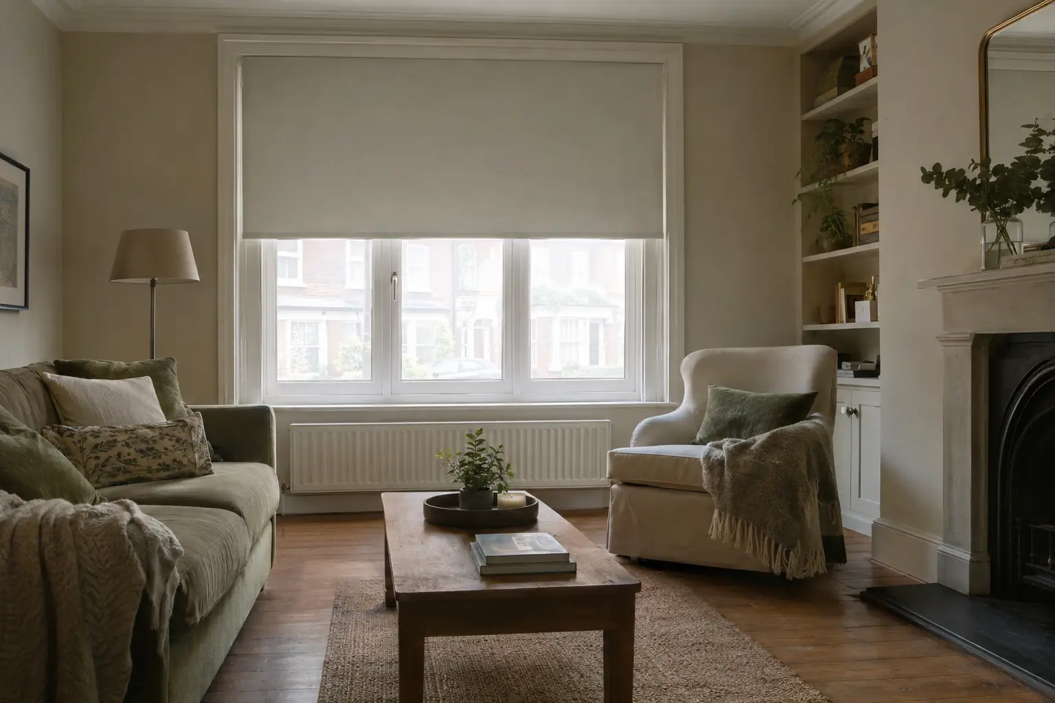 a street-facing living room in the afternoon with a pale dimout roller blind lowered, the room softly shaded but light enough to read by, the window glowing evenly