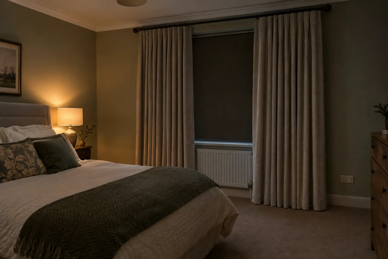 a north-facing bedroom on a winter evening with heavy thermal-lined curtains drawn over a blackout roller blind in the recess, a bedside lamp glowing