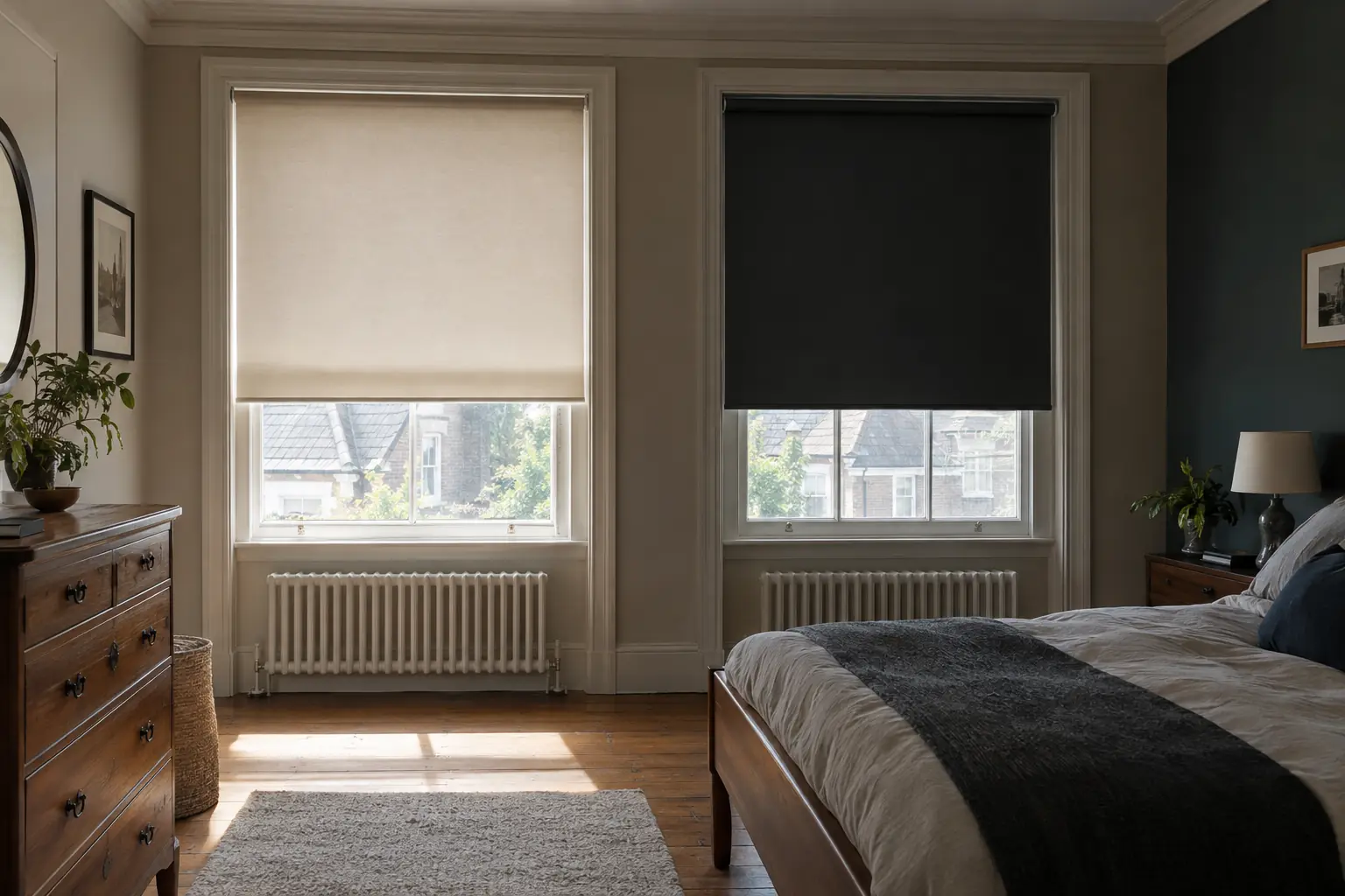 two side-by-side bedroom windows in a Victorian semi at midday, the left window with a pale oatmeal dimout roller blind lowered and glowing softly with sunlight, the right window with a charcoal blackout roller blind lowered and dark, sunlight on the floor only in front of the left window