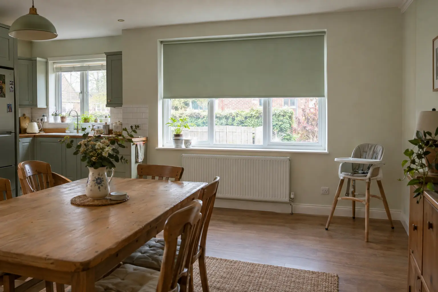 a family kitchen-diner in a UK semi-detached house with a pale sage cordless roller blind half lowered in the window recess and nothing hanging beside it, a highchair standing well away from the window across the room, soft afternoon light