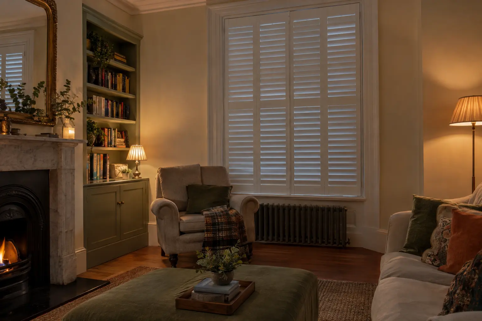 a Victorian sitting room on a winter evening with white full-height shutters closed across a single-glazed sash window, the louvres shut flat, lamplight on the walls
