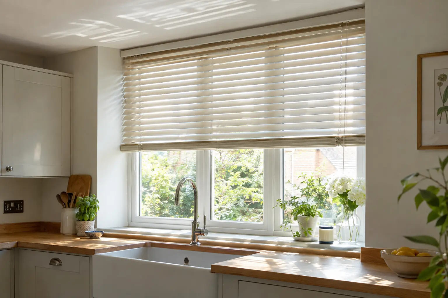 a sunlit kitchen window with a pale faux wood venetian blind, the slats tilted to throw daylight up onto the ceiling