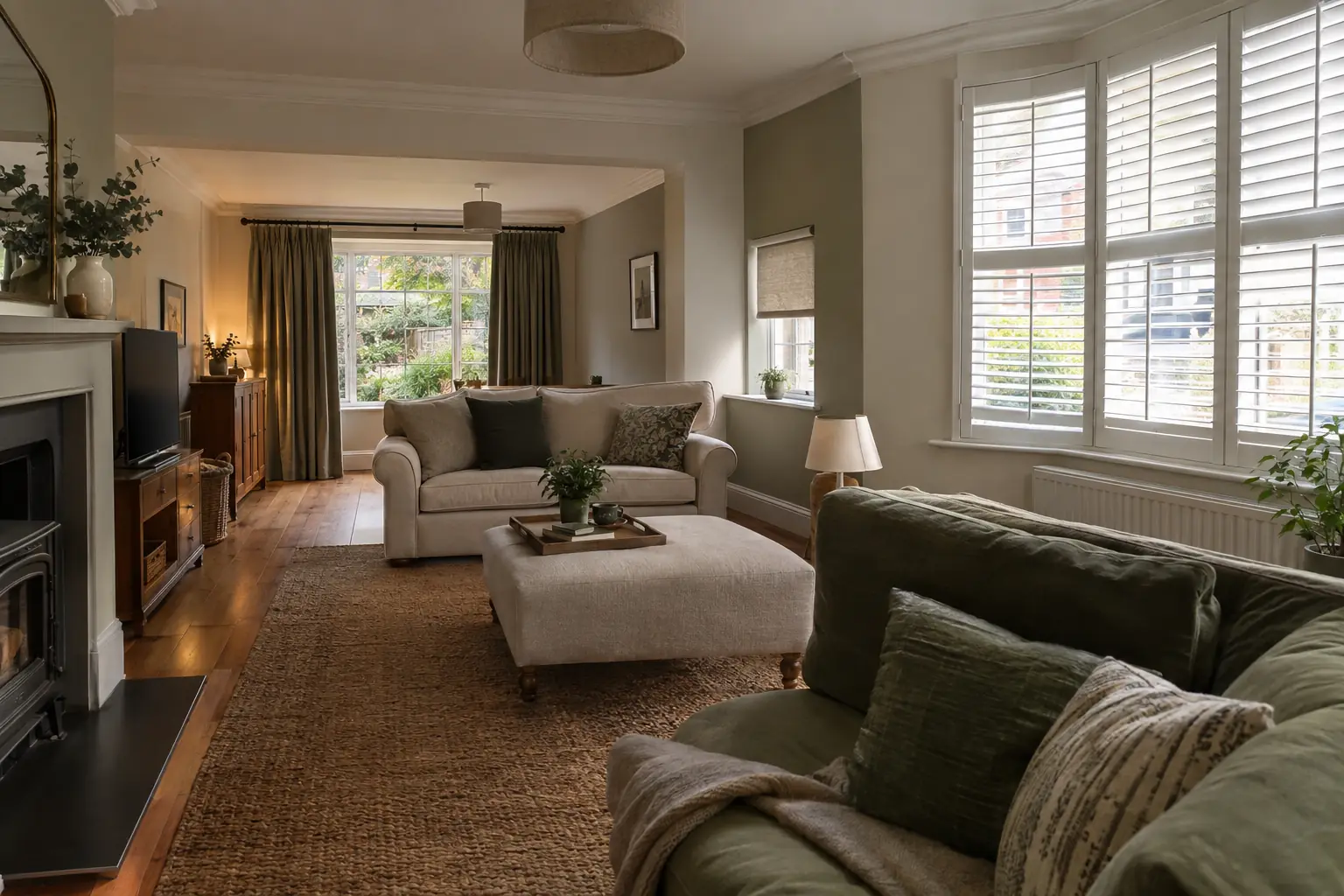 a 1930s semi-detached through-lounge dressed three ways: a linen roller blind at a small side window, pinch pleat curtains at the garden window and white full-height shutters at the front window, late afternoon light