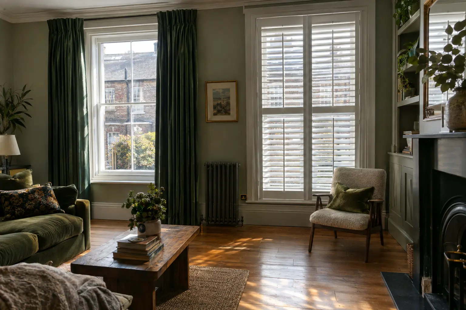a Victorian terrace sitting room with full-length deep green pinch pleat curtains stacked neatly back beside one window and white full height shutters on the next window with louvres half tilted, low autumn sun falling across the floorboards