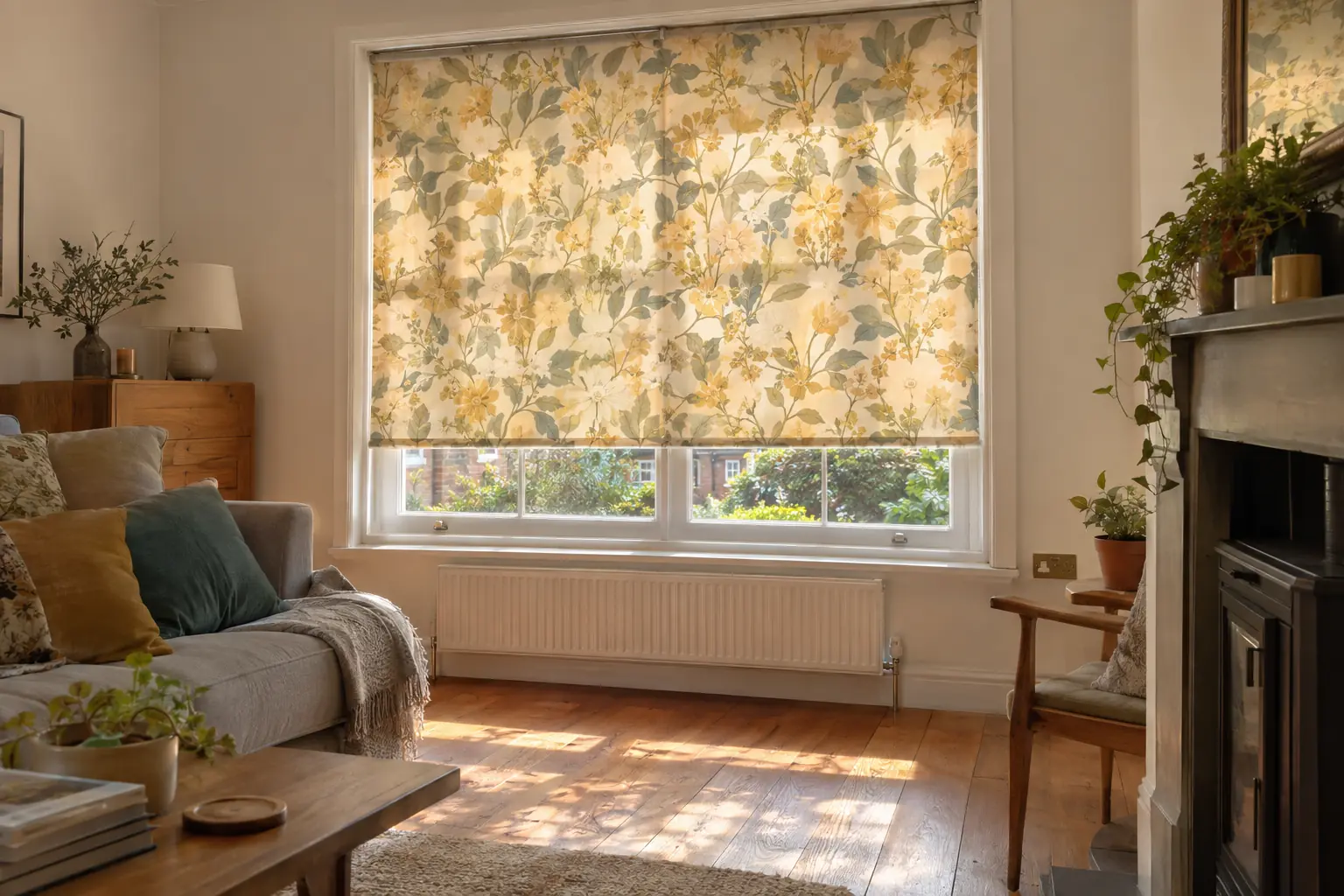 a bright south-facing room with a large-scale floral roller blind lowered, afternoon sun glowing through the fabric and casting warm colour onto a wooden floor