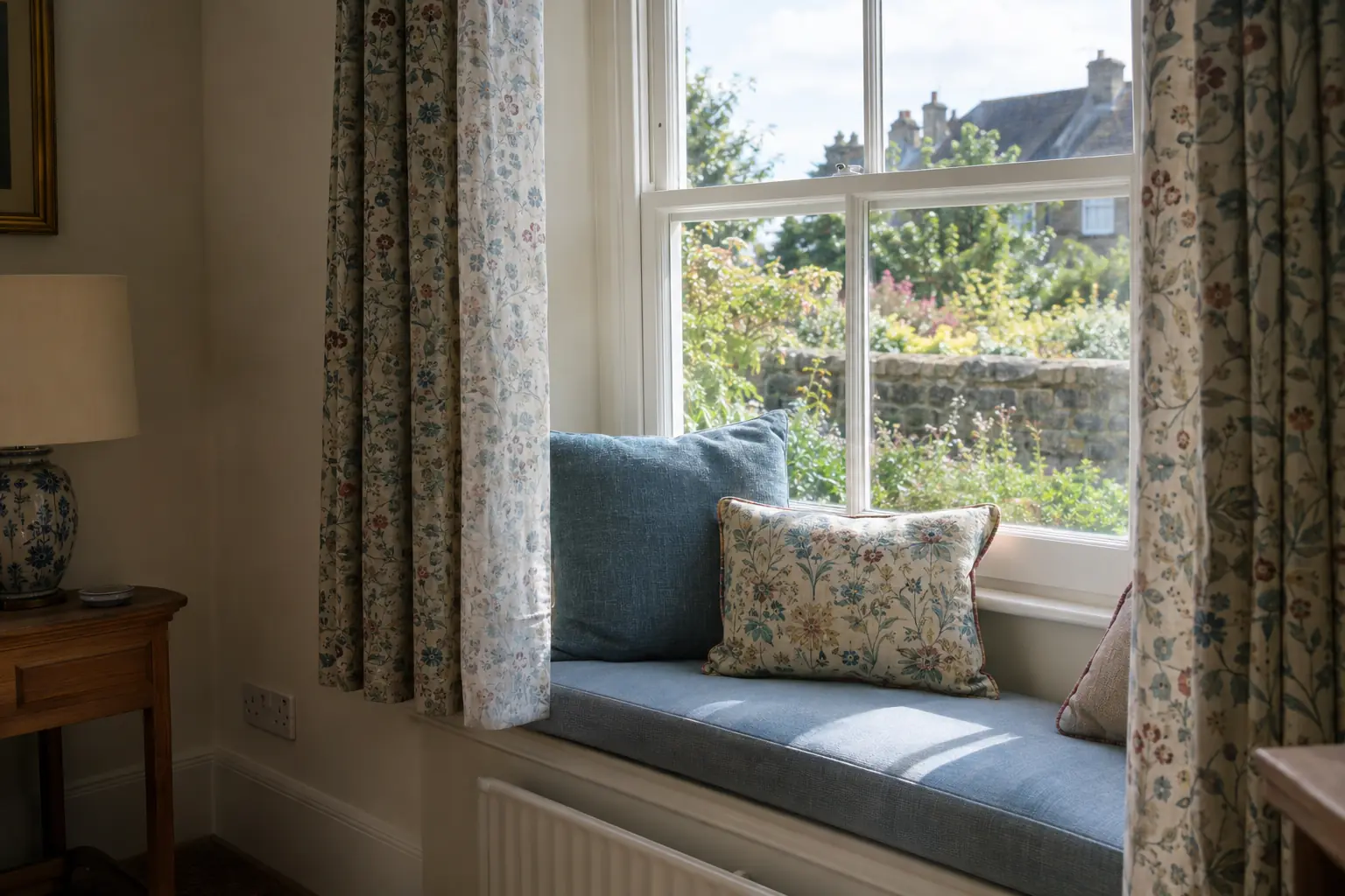 a sunny window seat where the edge of a patterned curtain nearest the glass has faded visibly paler than the rest of the fabric