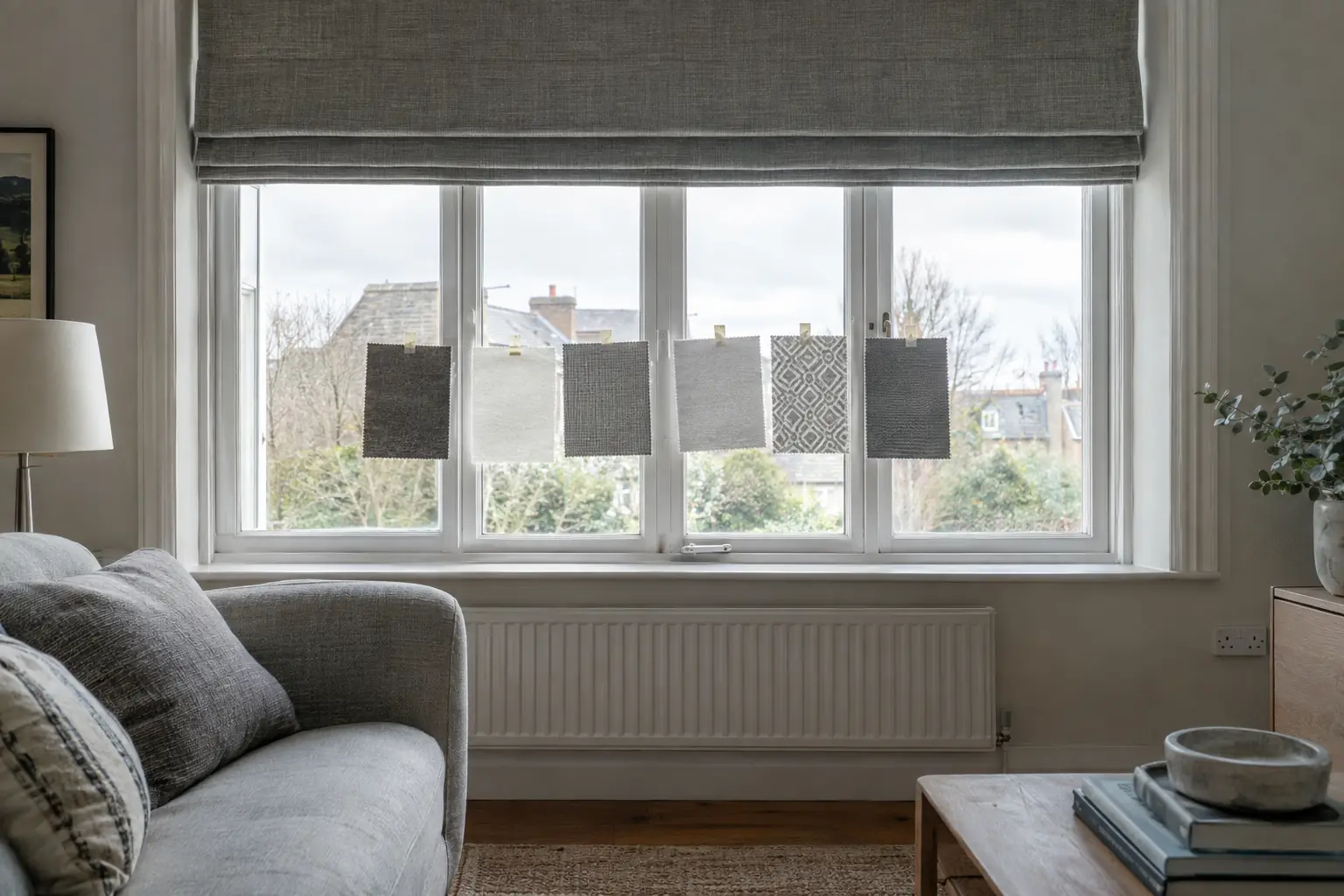 a north-facing living room window with a row of fabric swatches in greys, whites and a small geometric print taped to the glass, soft overcast daylight showing each one lit from behind