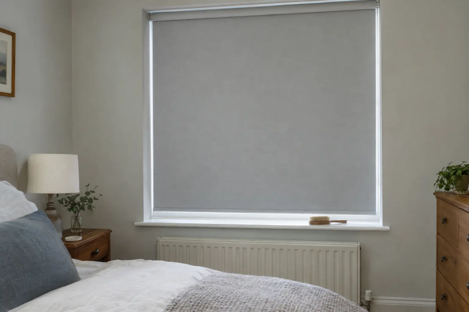 a pale grey fabric roller blind lowered fully in a bedroom window, a soft-bristled brush resting on the painted sill beneath it, even morning light