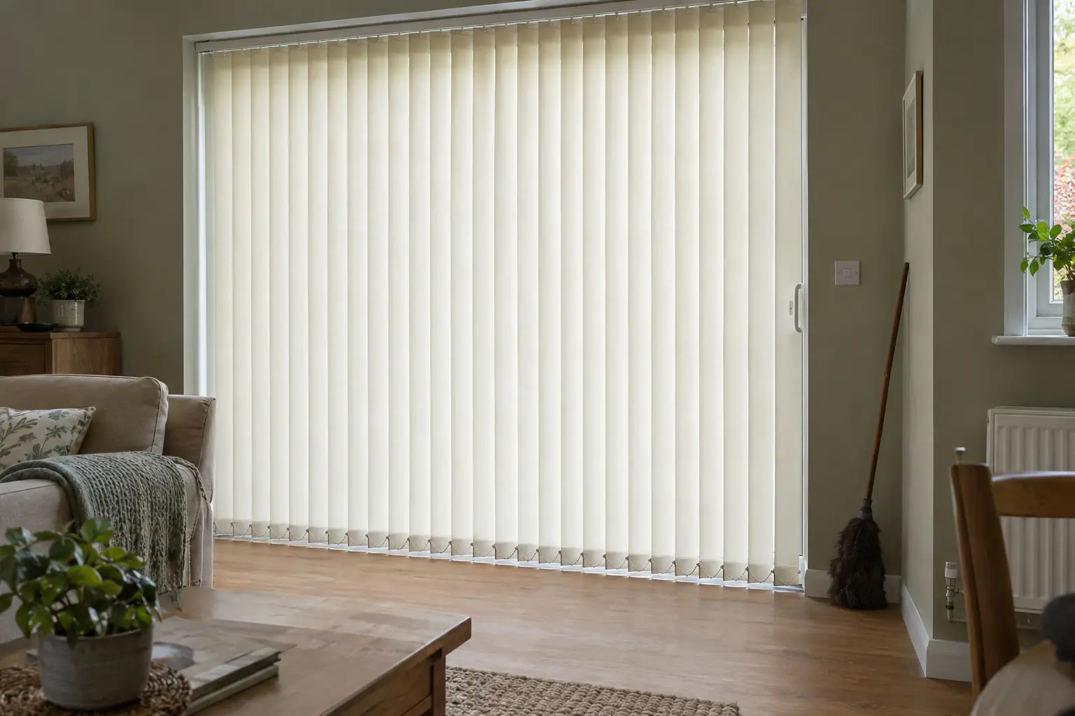 a row of cream fabric vertical blind louvres turned flat across patio doors, bottom weights linked by a fine chain, a feather duster leaning against the door frame