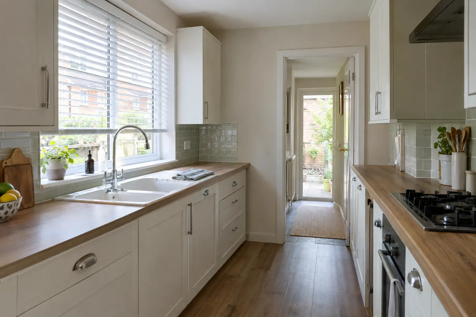 a bright galley kitchen in a UK terraced house with a white faux-wood venetian blind above the sink, slats tilted half open, a folded soft cloth resting on the draining board below