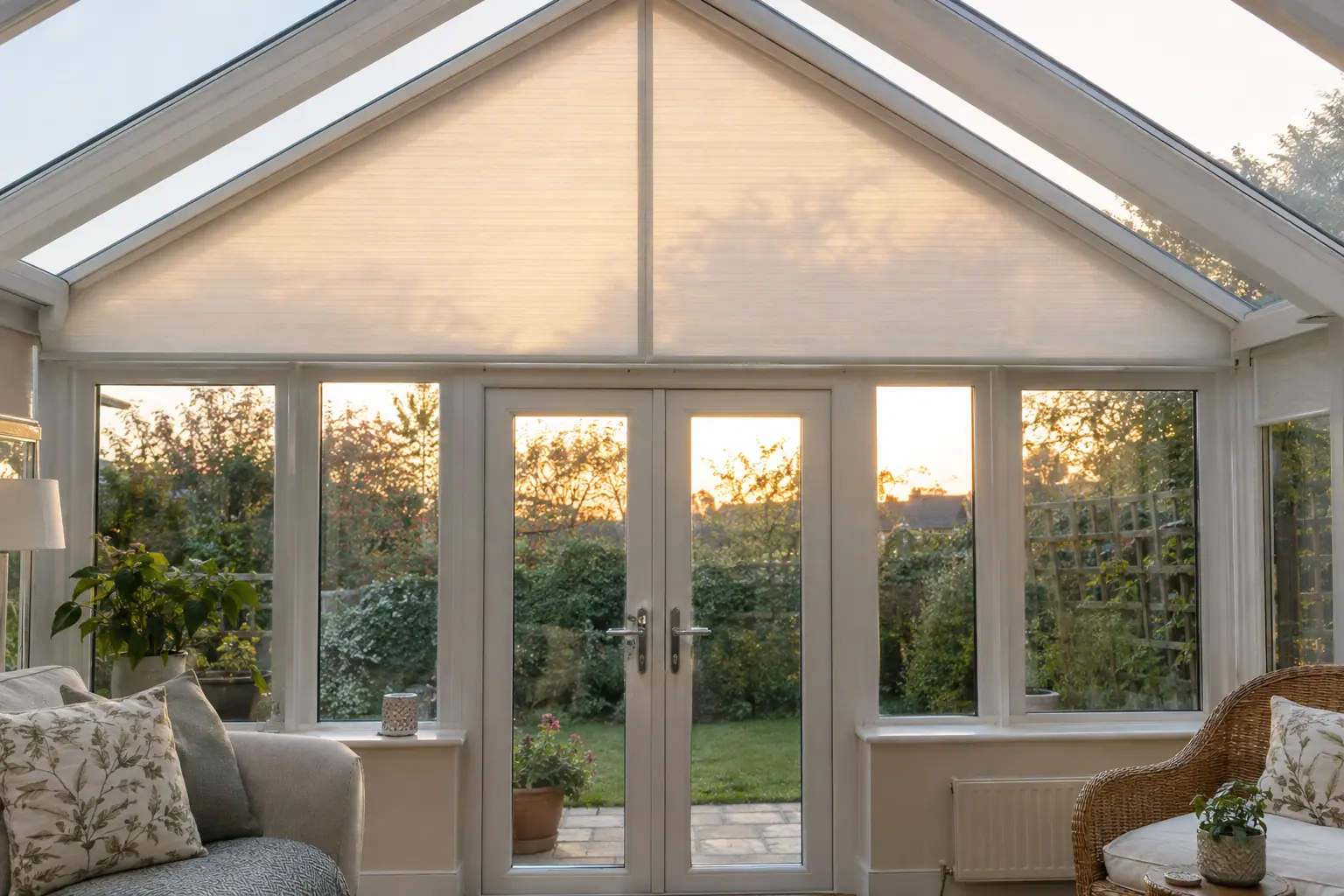 the triangular gable end of a pitched conservatory roof above a pair of garden doors, fitted with a shaped pale blind that follows the slope of the glass, evening sun glowing behind it