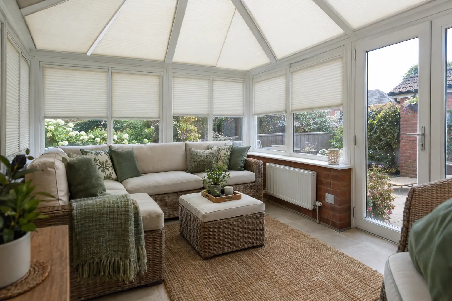 a white uPVC conservatory on the back of a red-brick semi in high summer, pale pleated blinds drawn across the glass roof panes so soft even light falls on a rattan sofa and a rug, side windows half shaded