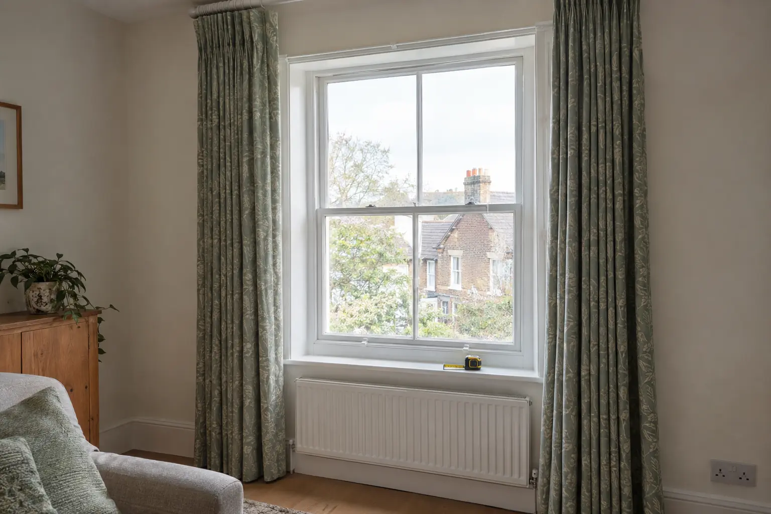 a pair of lined curtains pulled fully open and stacked against a plastered wall beside a sash window, showing how much wall the folded fabric takes up, a tape measure resting on the painted sill