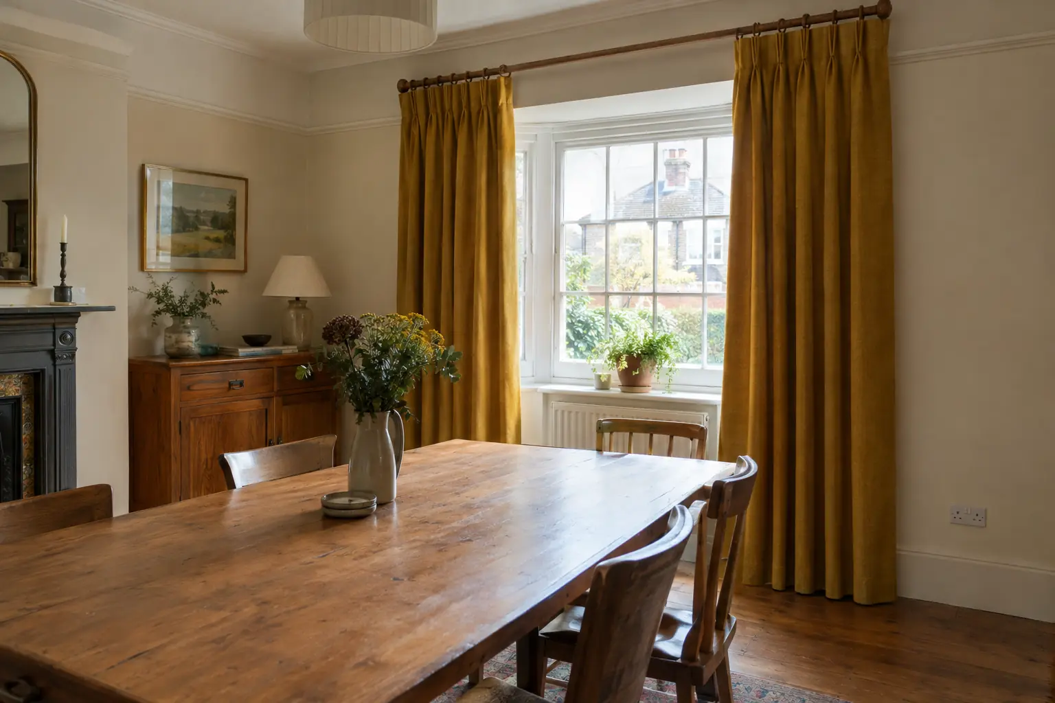 a 1930s semi-detached dining room with a narrow alcove window, pinch pleat curtains in a mustard linen hanging from wooden rings on a slim wooden pole, drawn half open so the stitched pleats stand in neat groups