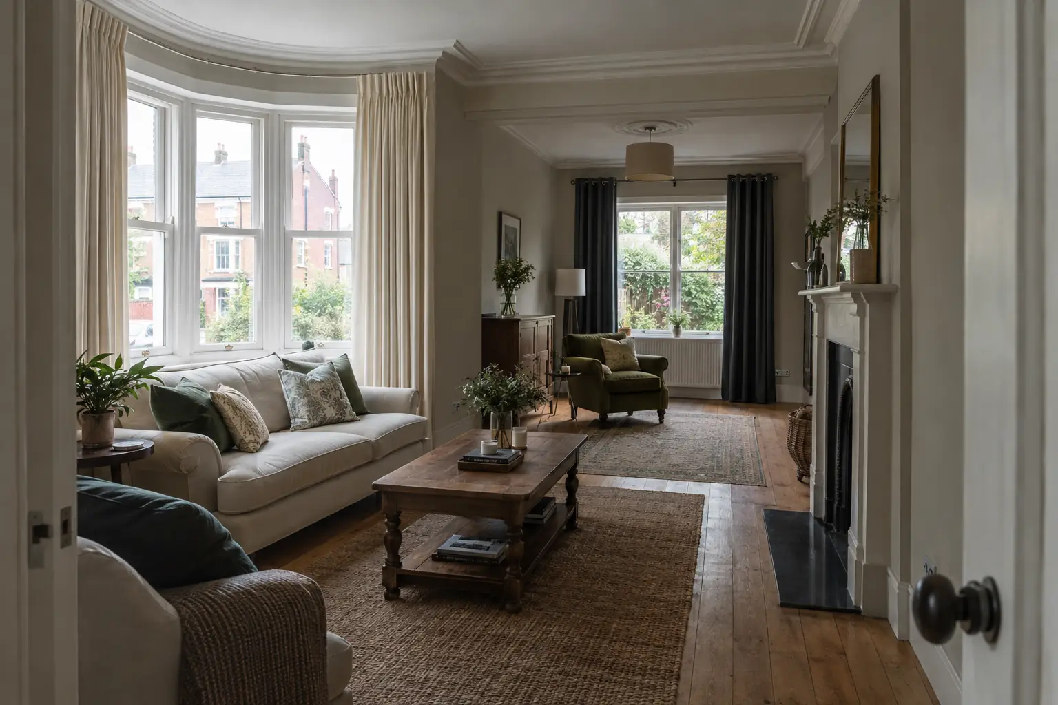 a Victorian through-lounge seen from the doorway on an overcast afternoon: the front bay window dressed in cream pencil pleat curtains on a curved bay track, the rear window onto the garden hung with charcoal eyelet curtains on a dark metal pole, both pairs open