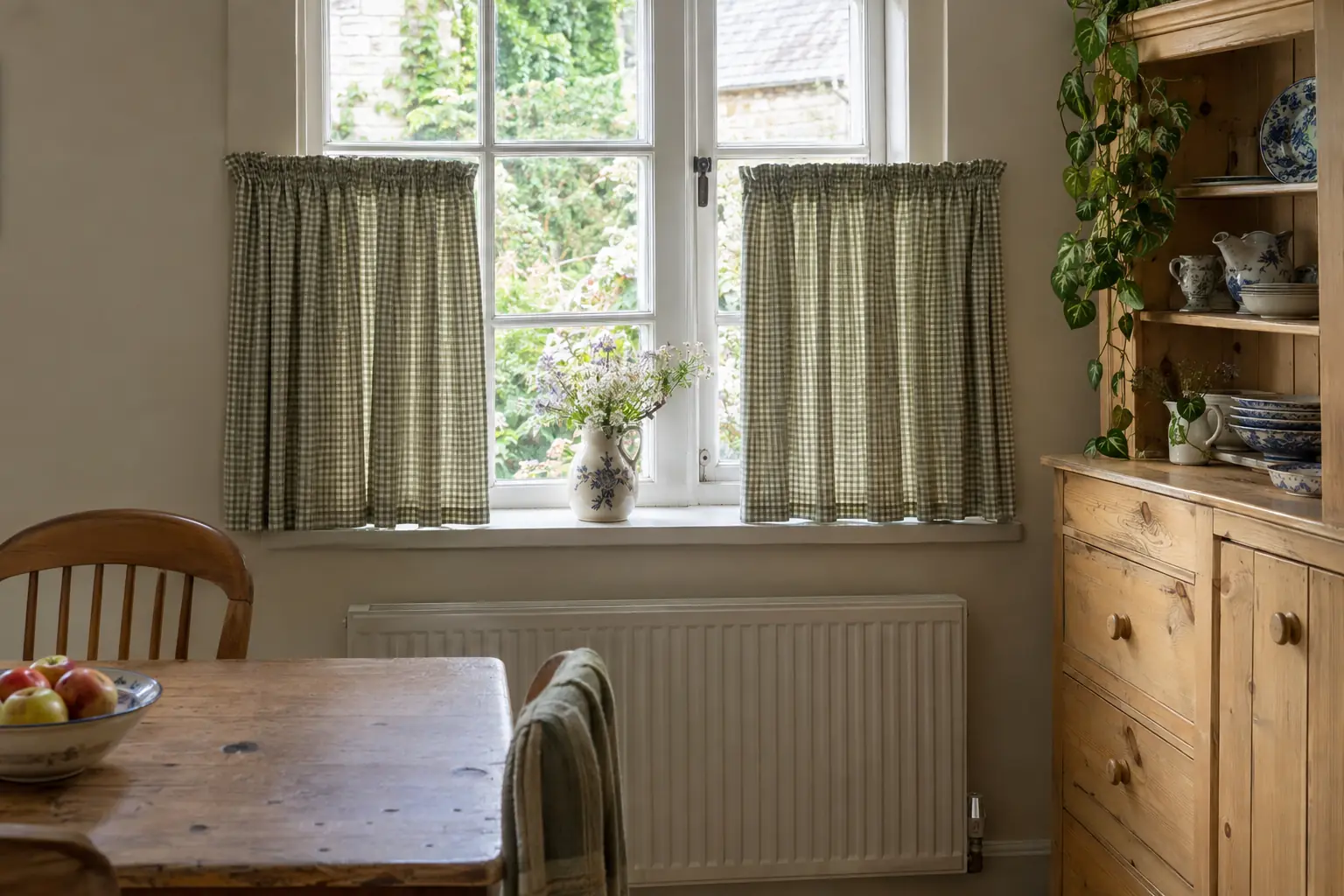 a cottage kitchen-diner window with short sill-length curtains in a small check fabric finishing just above a painted window sill, a pine dresser beside it