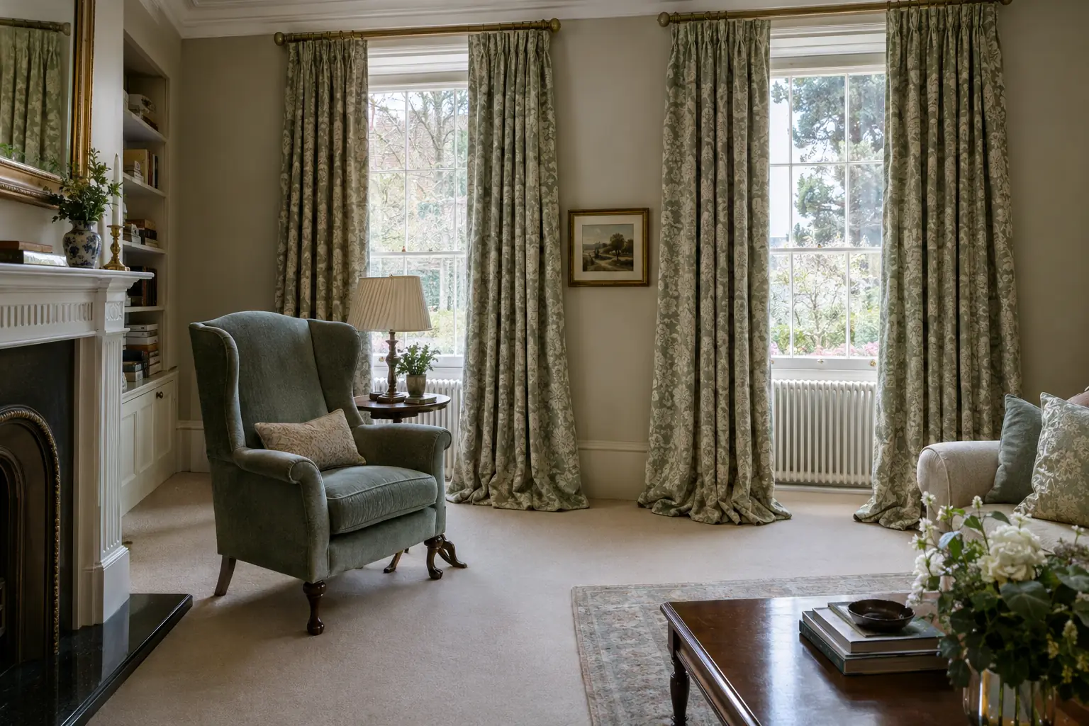 a formal sitting room with heavy damask curtains deliberately made long so the hems settle into soft pools on a pale wool carpet, a wing chair nearby
