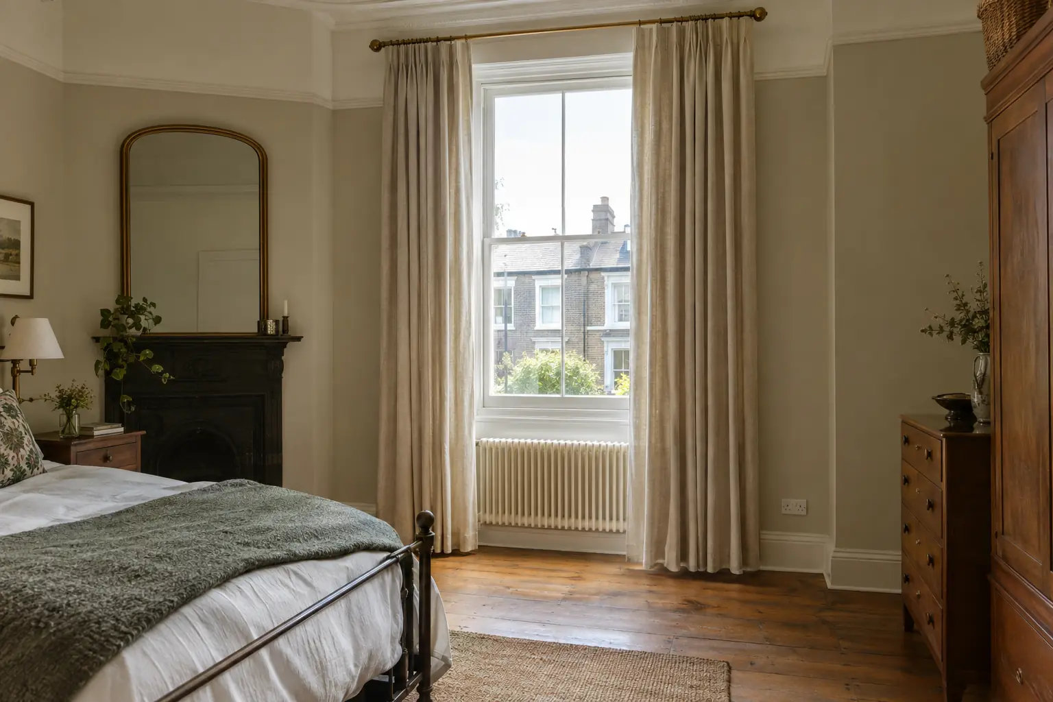 a Victorian bedroom with a tall sash window, floor-length natural linen curtains hanging from a pole set just below the picture rail, the hem hovering a finger's width above wide stained floorboards